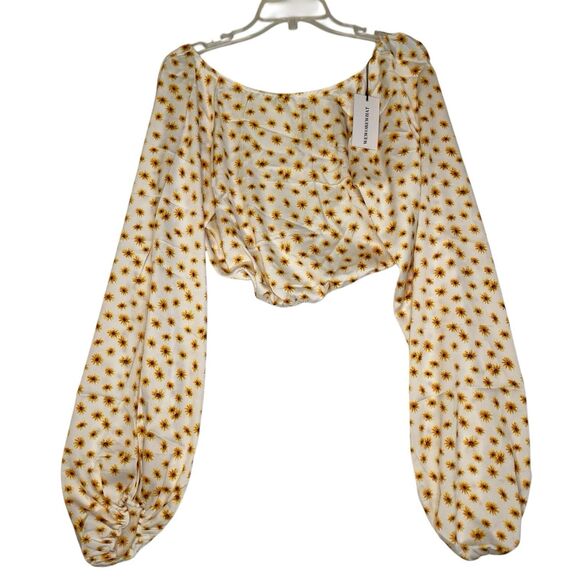 Revolve Crop Top Blouse L Ivory Floral Billow Sleeve Cottage Coquette Dainty - Picture 3 of 9